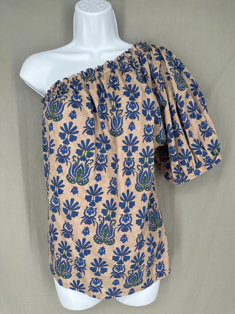 Summum Top Womens Medium Blue Floral One Shoulder Cottagecore Boho Ruffle